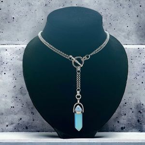Y shape lariat style necklace blue iridescent opalite bullet charm boho choker